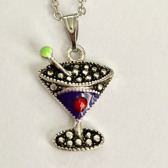 Martini Cocktail Drink Cup Glass Charm Necklace Pendant Purple Enamel 18" Chain - Picture 3 of 9